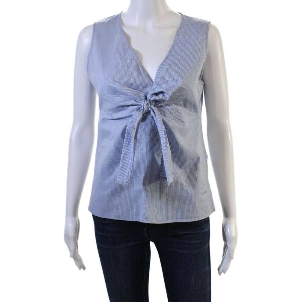 Gant Women Striped Light Blue Cotton V-Neck Sleeveless Blouse Size 8